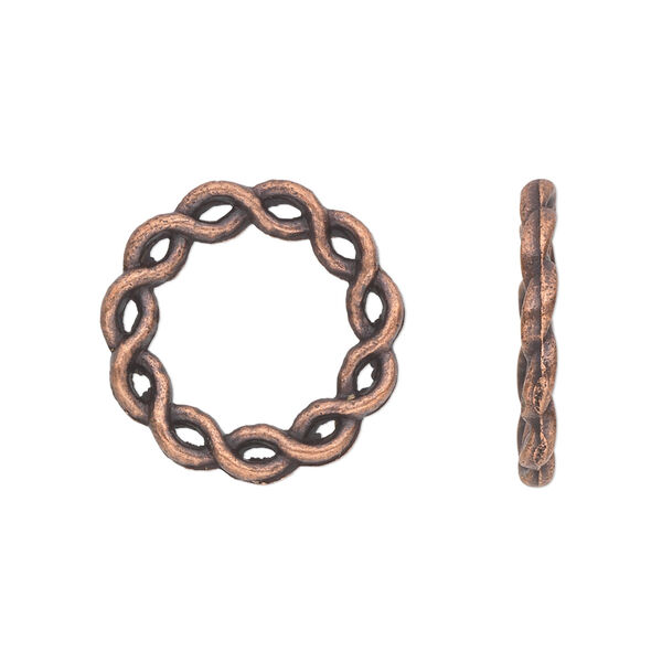 Component, antique copper-plated "pewter" (zinc-based alloy), 20mm double-sided round donut with twisted rope design. Sold per pkg of 20. image number 0