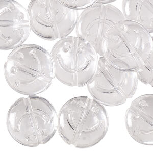 Bead, acrylic, clear, 15x6mm saucer with smiley face design. Sold per pkg of 24.