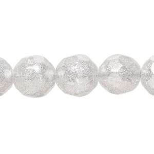 Bead, glass, translucent clear, 12mm faceted round with light silver-colored glitter. Sold per 8-inch strand, approximately 15 beads.