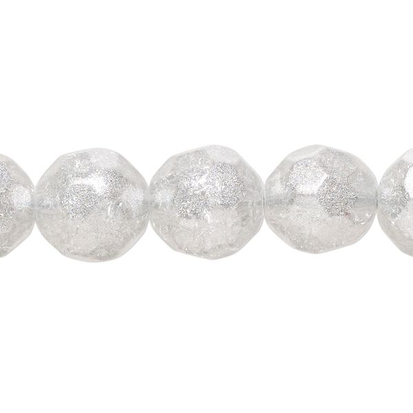 Bead, glass, translucent clear, 12mm faceted round with light silver-colored glitter. Sold per 8-inch strand, approximately 15 beads. image number 0