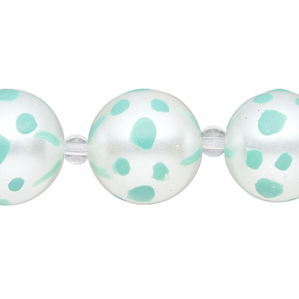 Bead, glass 1pkg8, opaque seafoam green and white, 16mm hand-painted round. image number 0
