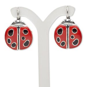 Earring, enamel and antique silver-plated brass, red and black, 32mm with ladybug and leverback ear wire. Sold per pair.