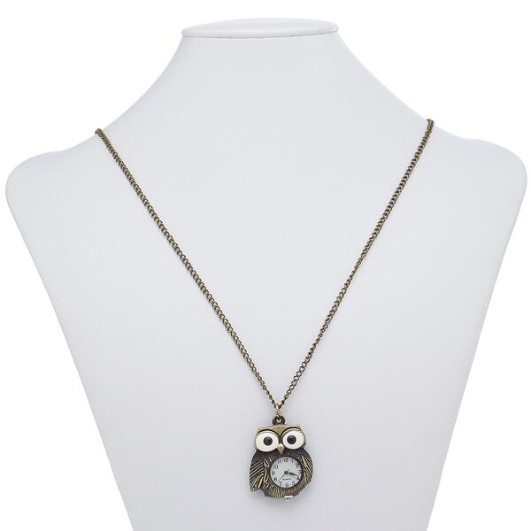 Necklace, enamel / plastic / stainless steel / antique brass-plated steel / "pewter" (zinc-based alloy), black / white / clear, 38x31mm owl watch, 28 inches with lobster claw clasp. Sold individually. image number 0