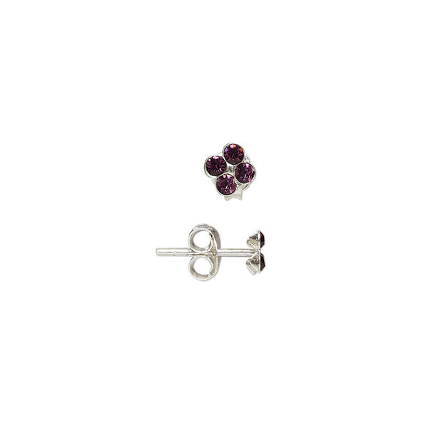 Ear stud, sterling silver and glass, amethyst purple, 4mm square. Sold per pair. image number 0