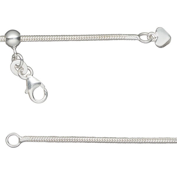 Chain 1pkg1 Gossamer™, sterling silver and silicone, 1.6mm snake, 16 to 24 inches with lobster claw clasp and 5mm adjustable slider bead. image number 0