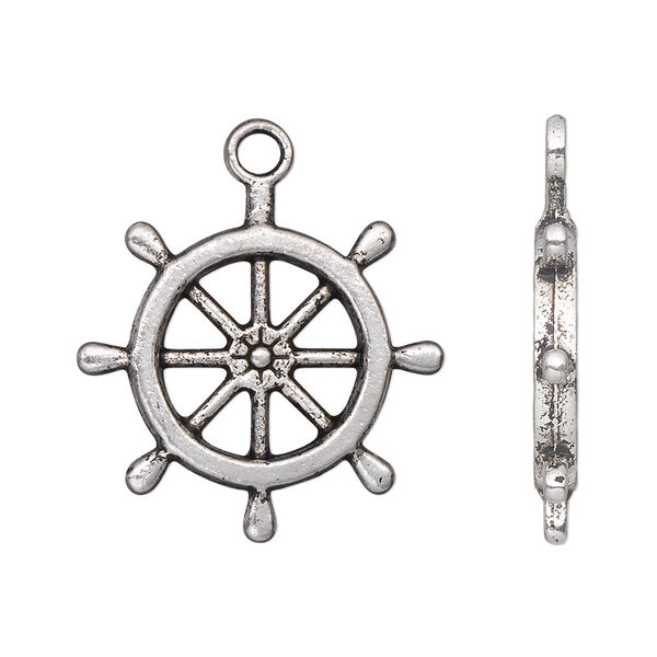 Charm, antique silver-plated "pewter" (zinc-based alloy), 25x25mm single-sided ship wheel. Sold per pkg of 10. image number 0
