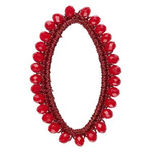 Focal, glass / nylon / steel, dark red, 49x30mm-50x32mm beaded open oval. Sold per pkg of 2.