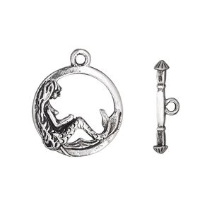 Clasp toggle 1pkg1 silver-plated pewter (tin alloy), 17mm double-sided mermaid, antique 1-strand