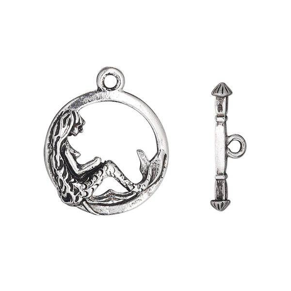 Clasp toggle 1pkg1 silver-plated pewter (tin alloy), 17mm double-sided mermaid, antique 1-strand image number 0