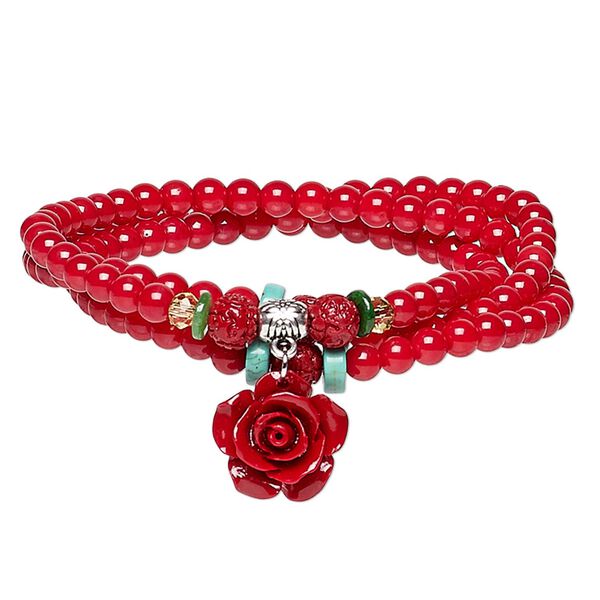 Bracelet, stretch wrap, bamboo coral (dyed) / resin / glass / antique silver-plated "pewter" (zinc-based alloy), multicolored, 15mm rose, 7 inches. Sold individually. image number 0