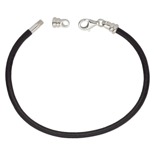Bracelet cord, Dione®, leather (dyed) and sterling silver, black, 3mm round with twist-off end, 7-1/2 inches with lobster claw clasp. Sold individually. image number 0