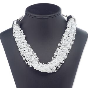 Necklace, acrylic / glass rhinestone / silver-coated plastic / silver-finished steel, white and clear, 20mm wide, 15 inches with 5-1/2 inch extender chain and lobster claw clasp. Sold individually.