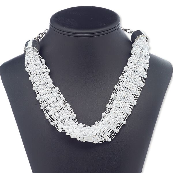 Necklace, acrylic / glass rhinestone / silver-coated plastic / silver-finished steel, white and clear, 20mm wide, 15 inches with 5-1/2 inch extender chain and lobster claw clasp. Sold individually. image number 0