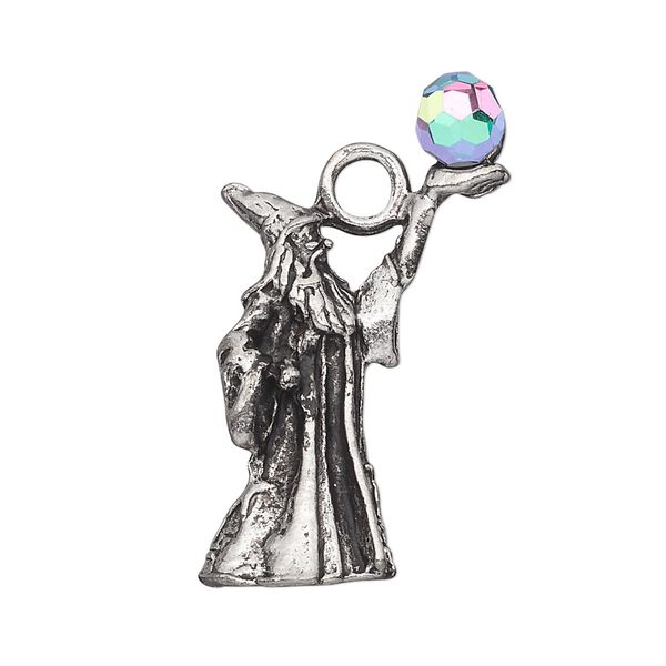 Focal, glass and antiqued pewter (tin-based alloy), clear AB, 34x21mm wizard. Sold individually. image number 0
