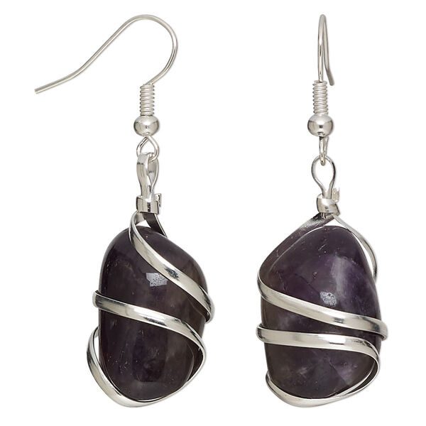 Amethyst / copper 1pkg2, silver-plated fishhook hand-cut nugget natural C grade, 47mm / small to medium image number 0