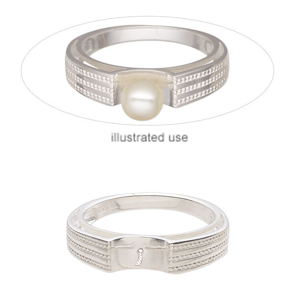 Ring, sterling silver, 5mm wide with beaded design and 4.5mm twisted peg, fits up to 8mm half-drilled round bead, size 9. Sold individually. image number 0