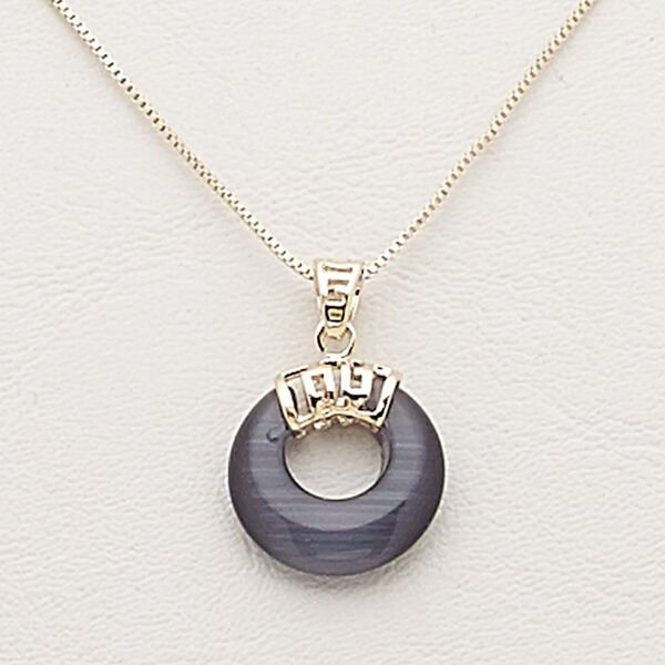 Necklace, cat's eye glass / gold-finished steel / brass / "pewter" (zinc-based alloy), black, 18mm round donut, 17 inches with 2-inch extender chain and lobster claw clasp. Sold individually. image number 0