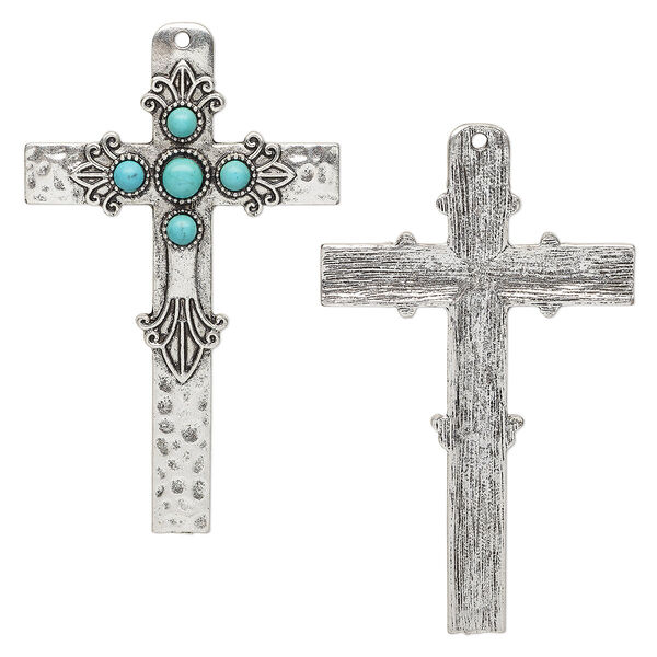 Focal, "turquoise" (resin) (imitation) and antique silver-finished "pewter" (zinc-based alloy), turquoise blue, 69x42mm single-sided cross. Sold individually. image number 0