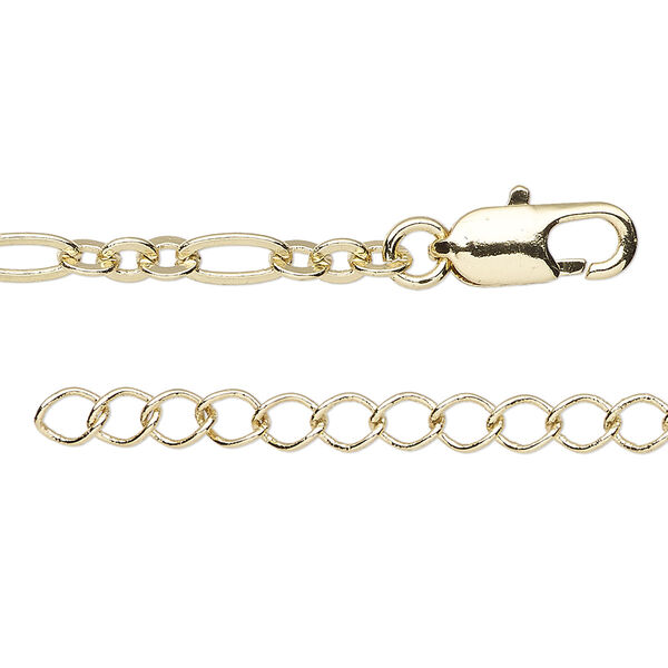 Chain, gold-finished brass, 4mm figaro, 24 inches with 1 to 3 inches extender chain and lobster claw clasp. Sold individually. image number 0