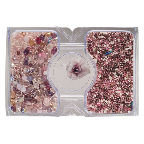 Pendant and bead mix, glass, opaque to transparent multi-pink and multi-red, 30x24mm heart and 15/0 to 10mm mixed shapes. Sold per 100-gram pkg, approximately 2,500 beads. image number 0