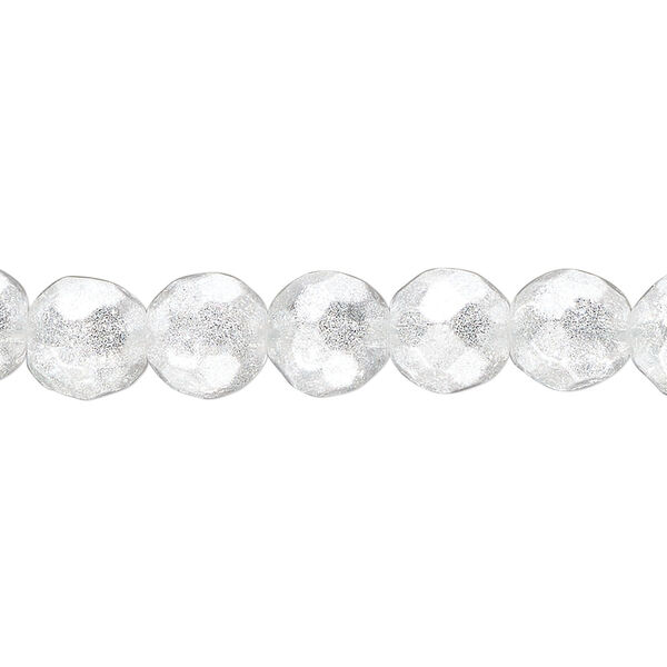 Bead, glass, translucent light silver, 7-8mm faceted round with glitter. Sold per 8-inch strand, approximately 25 beads. image number 0