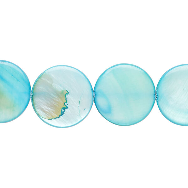 Mother-of-pearl shell 1pkg1, puffed flat round bead 15 inch blue 14-15mm image number 0
