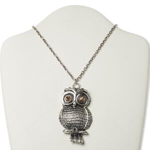 Necklace, antique silver-plated steel and "pewter" (zinc-based alloy) with glass rhinestone, light brown, 3 x 1-3/4 inch owl, 22 inches with 3-inch extender chain and lobster claw clasp. Sold individually.