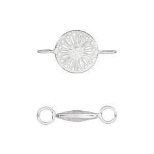 Link, sterling silver, 12.5mm double-sided round with flower design. Sold individually.