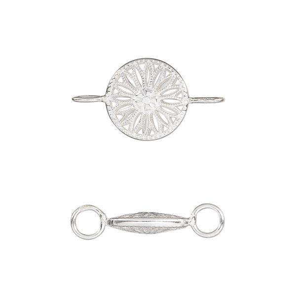 Link, sterling silver, 12.5mm double-sided round with flower design. Sold individually. image number 0