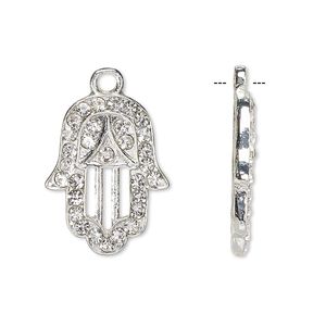 Drop, Czech glass rhinestone and silver-finished "pewter" (zinc-based alloy), clear, 22x17mm single-sided Fatima hand with cutouts and 2mm faceted round. Sold per pkg of 2.
