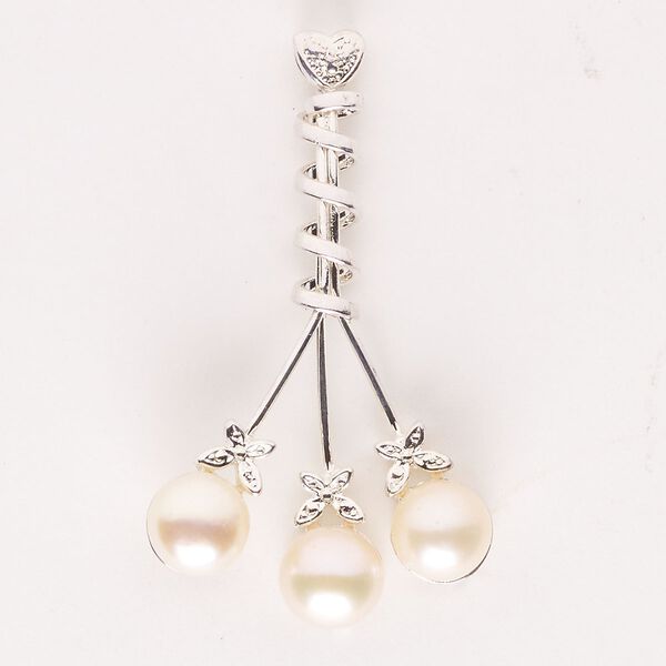 Pendant, silver finish "pewter" (zinc-based alloy) / glass / cultured freshwater pearl, light satin pink, 50x30mm-52x33mm with heart and butterfly design. Sold individually. image number 0