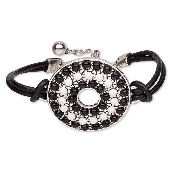 Bracelet, 2-strand, leather (dyed) / resin / antique silver-plated steel / "pewter" (zinc-based alloy), black and white, 43mm round donut, 6-1/2 inches with 2-inch extender chain and lobster claw clasp. Sold individually. image number 0