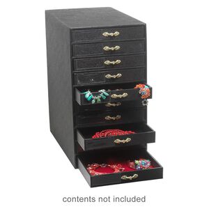 Jewelry organizer, medium-density fiberboard and leatherette paper, black and silver, 16-1/4 x 8-3/4 x 14-5/8 inches with 10 drawers. Sold individually.