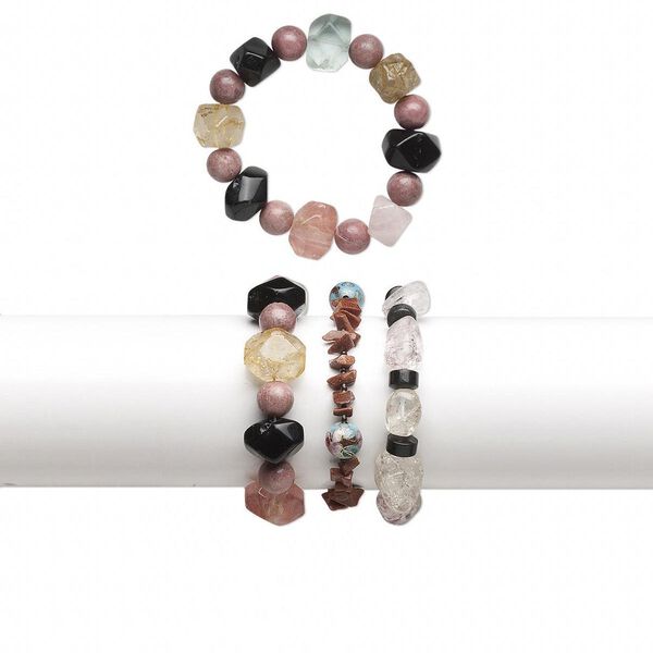 Multi-gemstone / glass 1pkg3, mixed shape stretch bracelet 6.5 inch mix 4x4mm-20x15mm image number 0