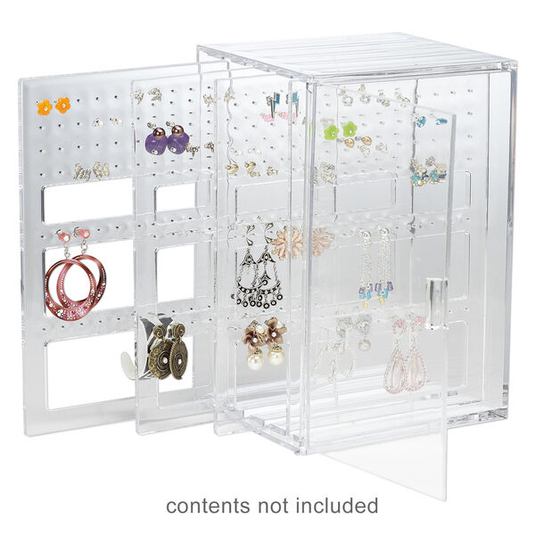 Display, earring, acrylic, clear, 9-1/2 x 6-3/4 x 5-1/2 inch box with side door and 4 slide-out panels. Sold individually. image number 1