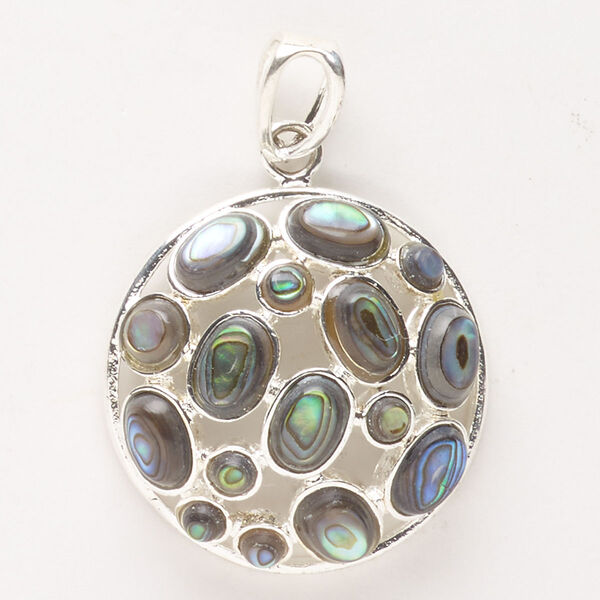 Pendant, silver-finished brass and paua shell (natural), 28mm domed round. Sold individually. image number 0