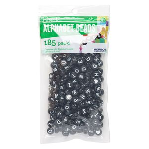 Bead mix, plastic, opaque black and white, 10mm flat round with double-sided alphabet letters and hearts. Sold per pkg of 185.