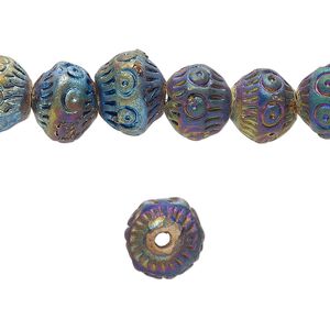 Bead, pressed clay, rainbow, 9x8mm-12x10mm handmade textured bicone. Sold per 16-inch strand, approximately 40 beads.