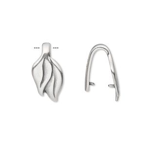 Bail, JBB Findings, ice-pick, antique silver-plated pewter (tin-based alloy), 18x9mm single-sided double leaf with 11mm grip length. Sold per pkg of 2.