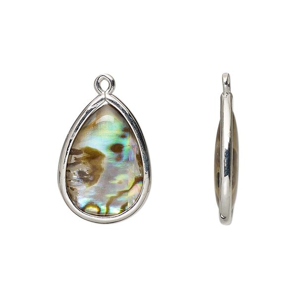 Drop, paua shell and imitation rhodium-finished brass (assembled), 18.5x13.5mm-20x15mm double-sided teardrop. Sold per pkg of 4. image number 0