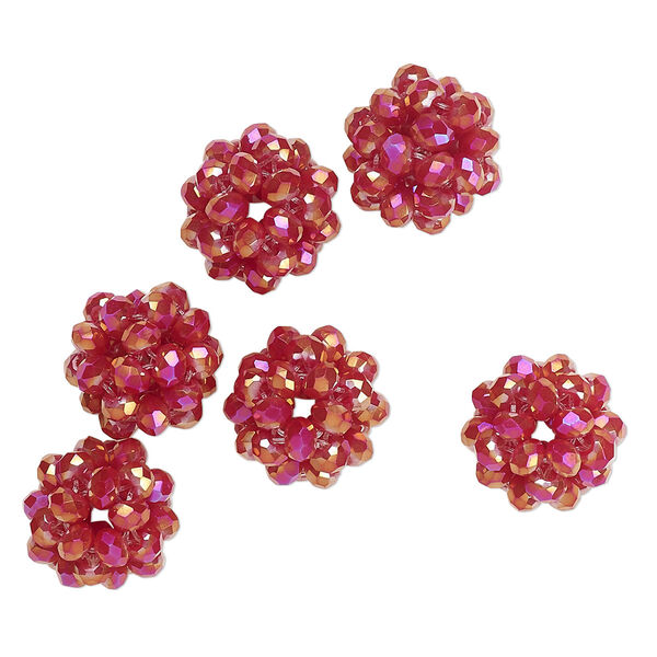 Bead, glass and monofilament, opaque red AB, 10mm round. Sold per pkg of 6. image number 0