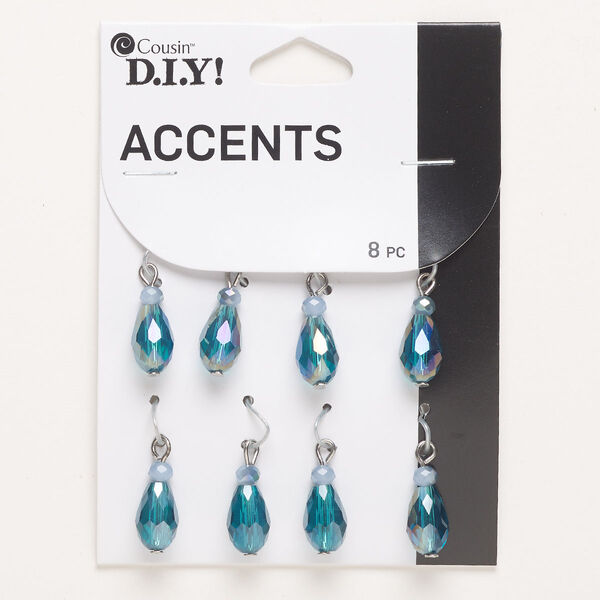 Drop, steel, pkg/8, silver finish / teal AB/ blue AB, 15x8mm faceted teardrop. image number 0