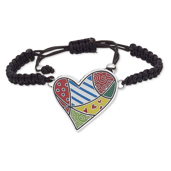 Bracelet, enamel / waxed cotton cord / stainless steel, multicolored, 36x36mm heart, adjustable from 6-8 inches with macramé knot closure. Sold individually. image number 0