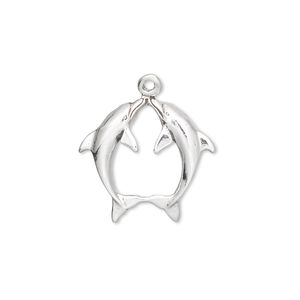 Charm, sterling silver, 20x18mm single-sided kissing dolphins. Sold individually.
