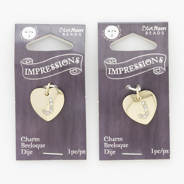 Charm, gold-finished "pewter" (zinc-based alloy) / steel / acrylic rhinestone, clear, 15.5x15mm single-sided puffed heart with letter "J." Sold per pkg of 2. image number 0