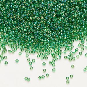 Seed bead, Miyuki, glass, pkg/250g, #15 rocaille, translucent rainbow green (RR-179).