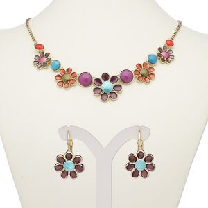 Necklace and earring set, acrylic / enamel / gold-finished steel / "pewter" (zinc-based alloy), multicolored, flowers, 18-inch necklace with 2-inch extender chain and lobster claw clasp, 25mm earrings with leverback ear wire. Sold per set.
