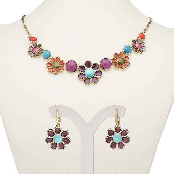 Necklace and earring set, acrylic / enamel / gold-finished steel / "pewter" (zinc-based alloy), multicolored, flowers, 18-inch necklace with 2-inch extender chain and lobster claw clasp, 25mm earrings with leverback ear wire. Sold per set. image number 0