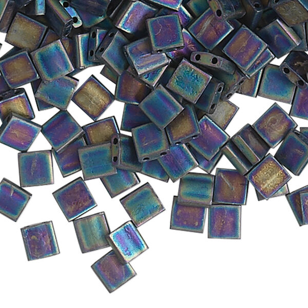 Bead, Miyuki, TILA®, glass, opaque matte black AB, (TL401FR), 5mm square with (2) 0.8mm holes, fits up to 3mm beads. Sold per 40-gram pkg. image number 0