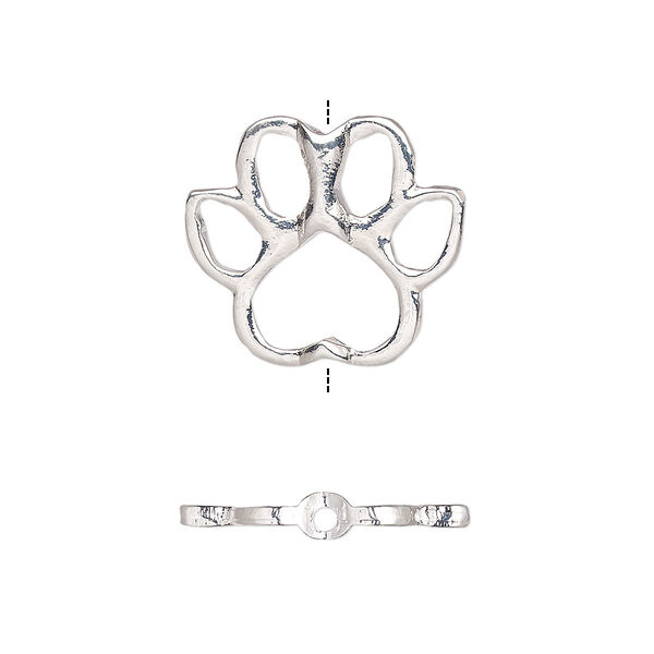 Bead frame, silver-plated "pewter" (zinc-based alloy), 19x17mm vertically drilled open paw print, fits up to 8mm beads. Sold per pkg of 4. image number 0